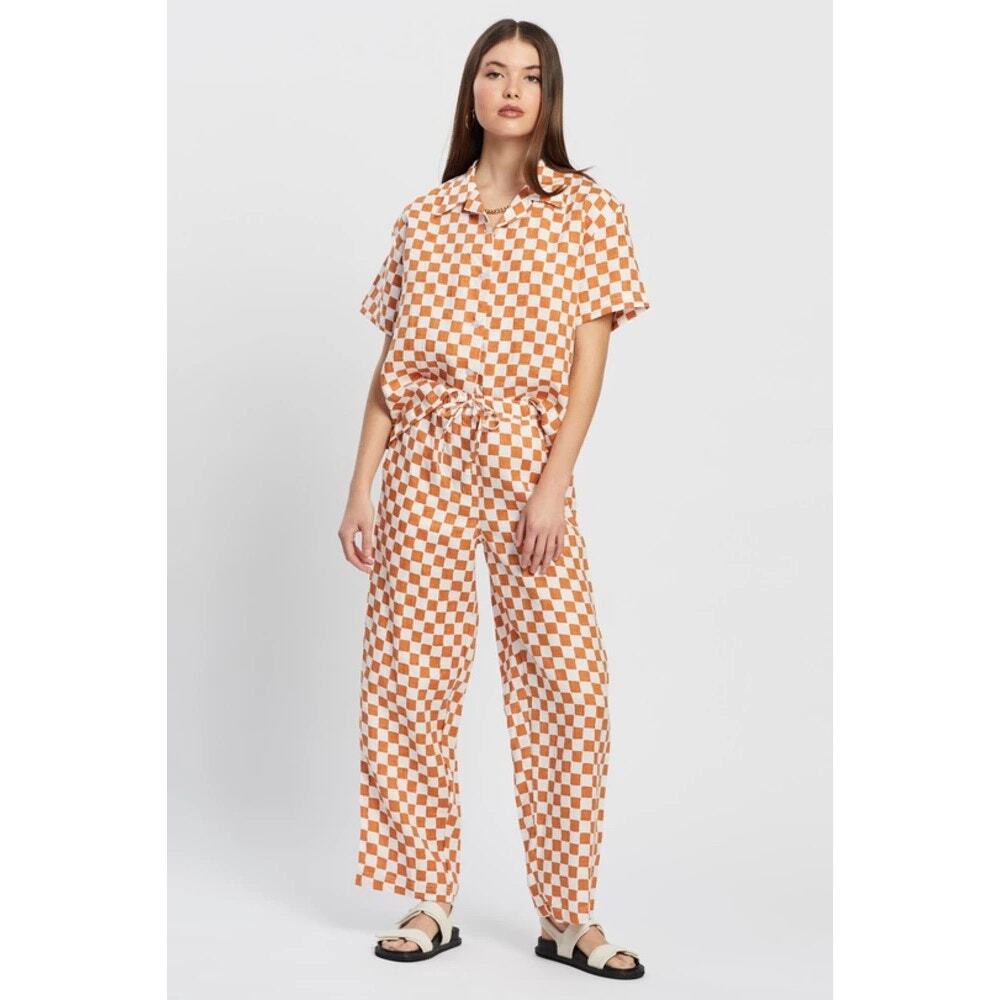 Holiday Emma Mulholland Orange Checkered Linen Pants Size Small Wide Leg - Picture 2 of 13